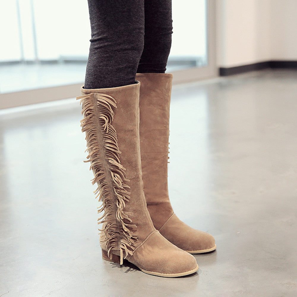 Round Head Tassels Chunky Heel High Boots