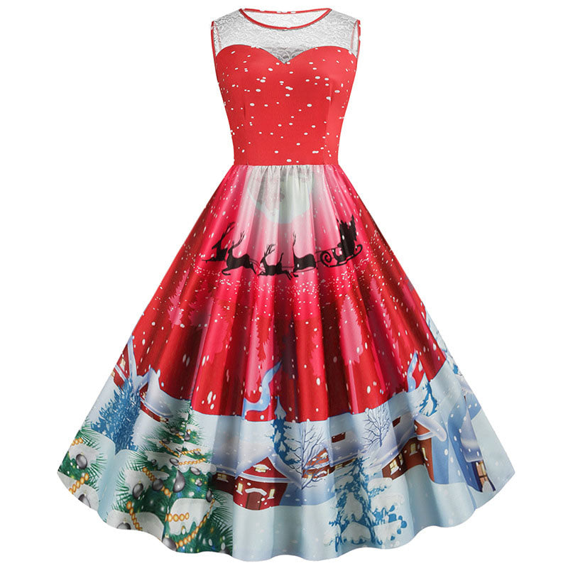 Retro Christmas Print Lace Splice Sleeveless Dress