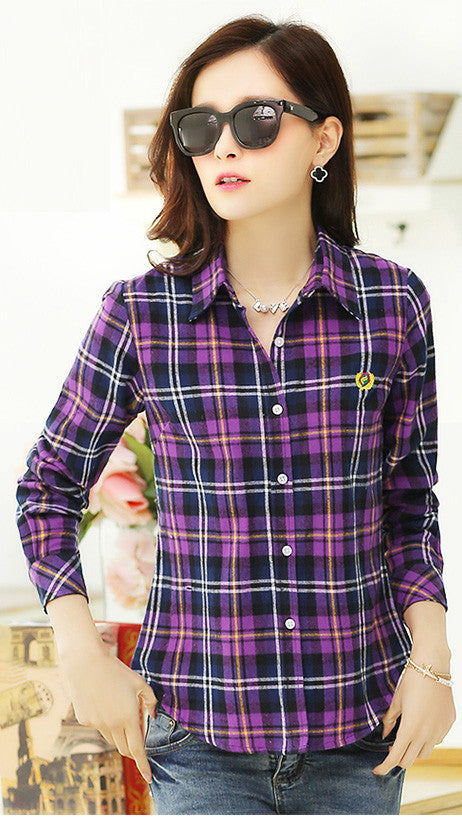 Plaid Turn-down Collar Flower Print Long Sleeves Slim Button Blouse