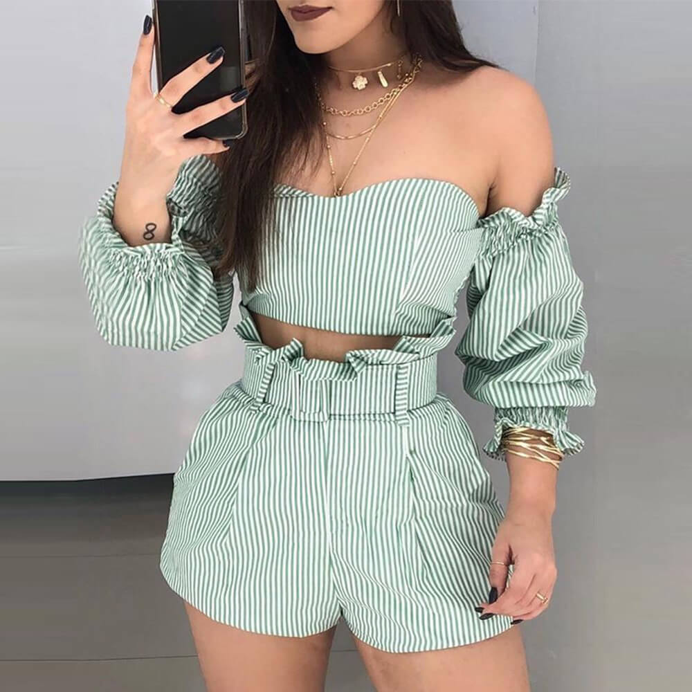 Strapless Crop Top Striped Shorts Set