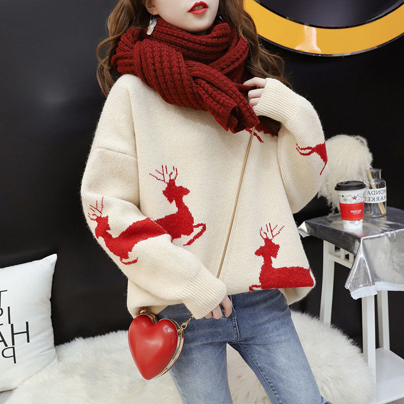 Loose Raglan Sleeve Reindeer Christmas Sweater