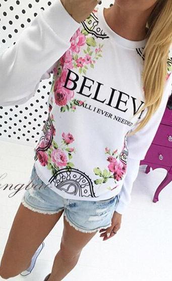 Flower Print Scoop Long Casual Loose Sweatshirt