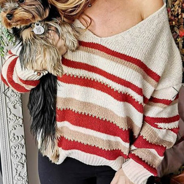 Red Striped V Neck Sweater