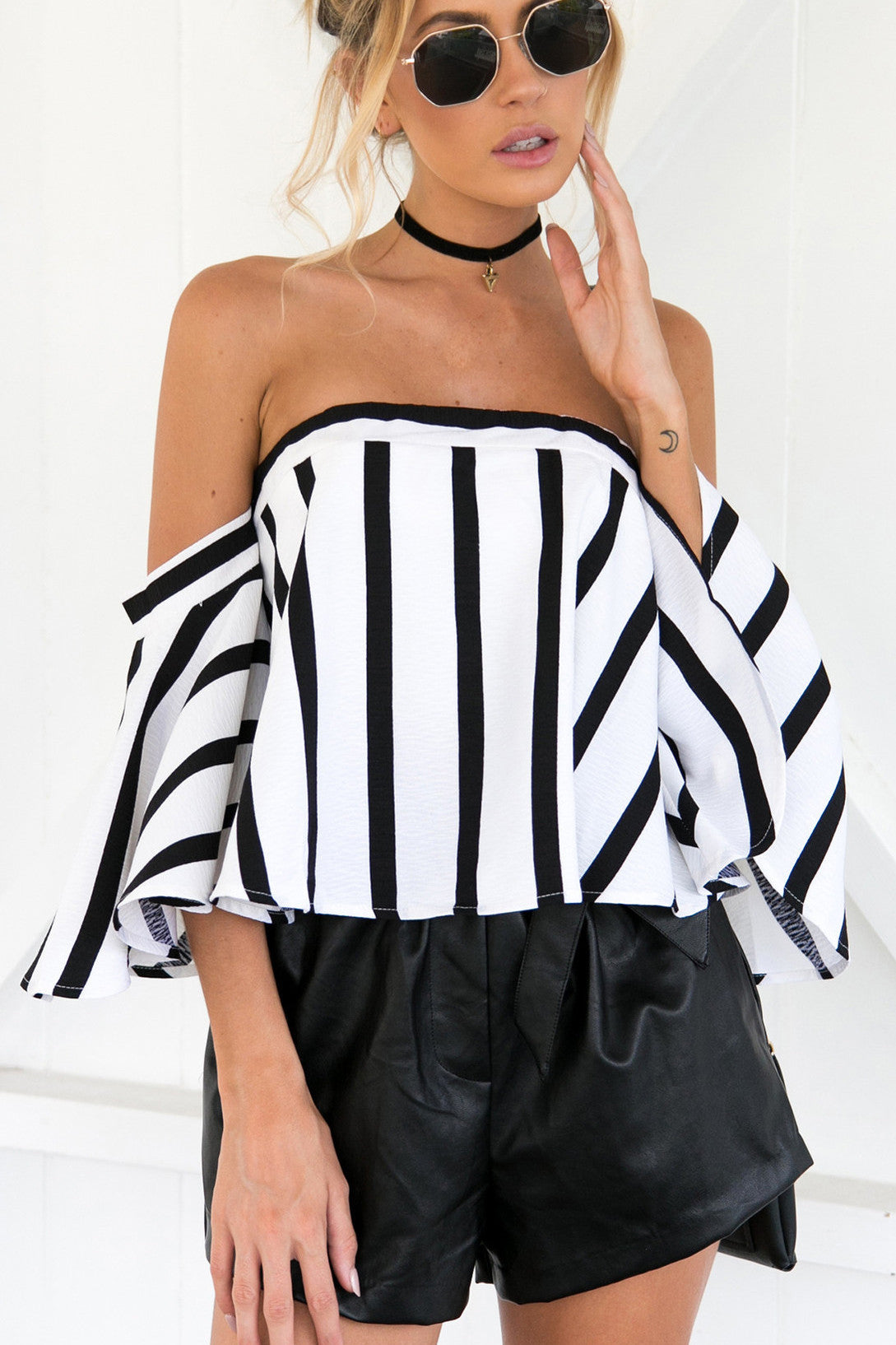 Off Shoulder Stripes Trumpet Sleeves Loose Blouse