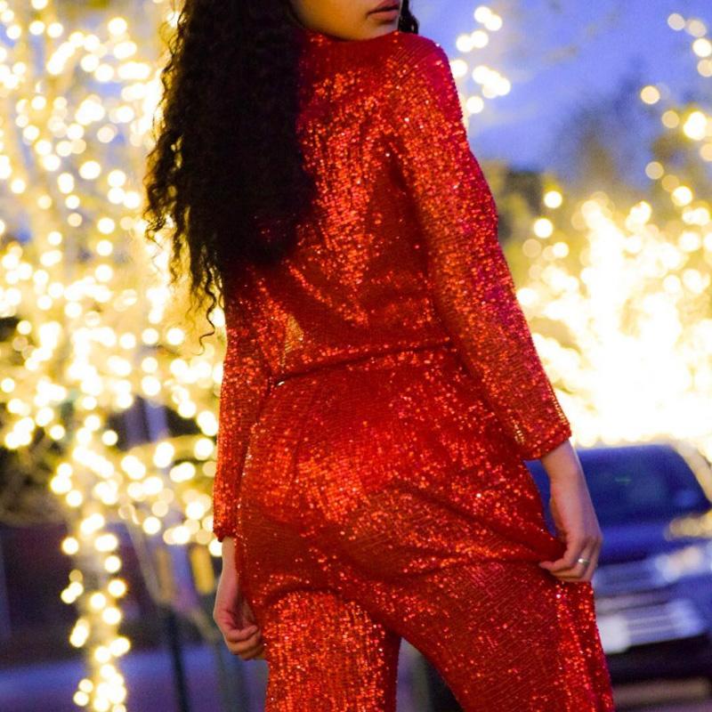 Party Sequin Long Sleeves Bandage Skinny Jumpsuits