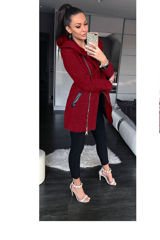 Slim Long Sleeve High Collar Side Zipper Long Hooded Coat