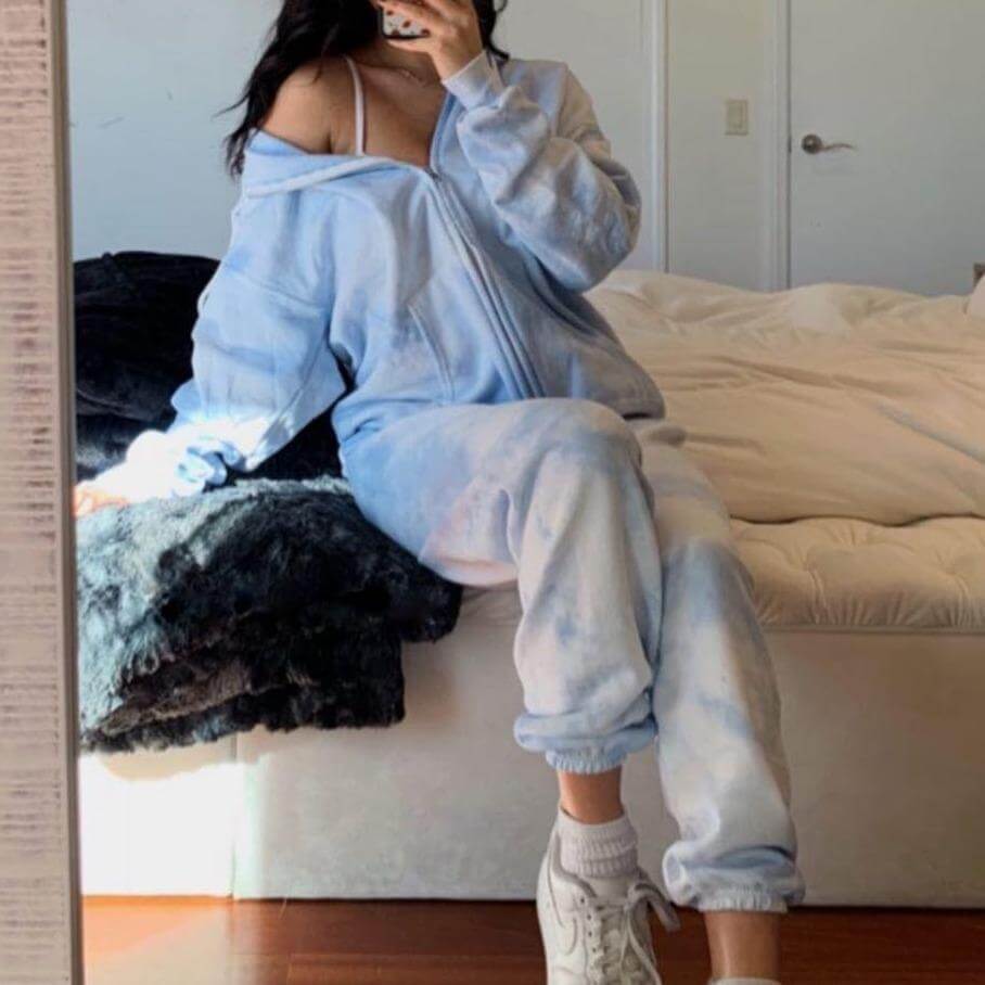 Casual Blue Print Loose High Waist Long Sleeve Zipper Two Pieces Set