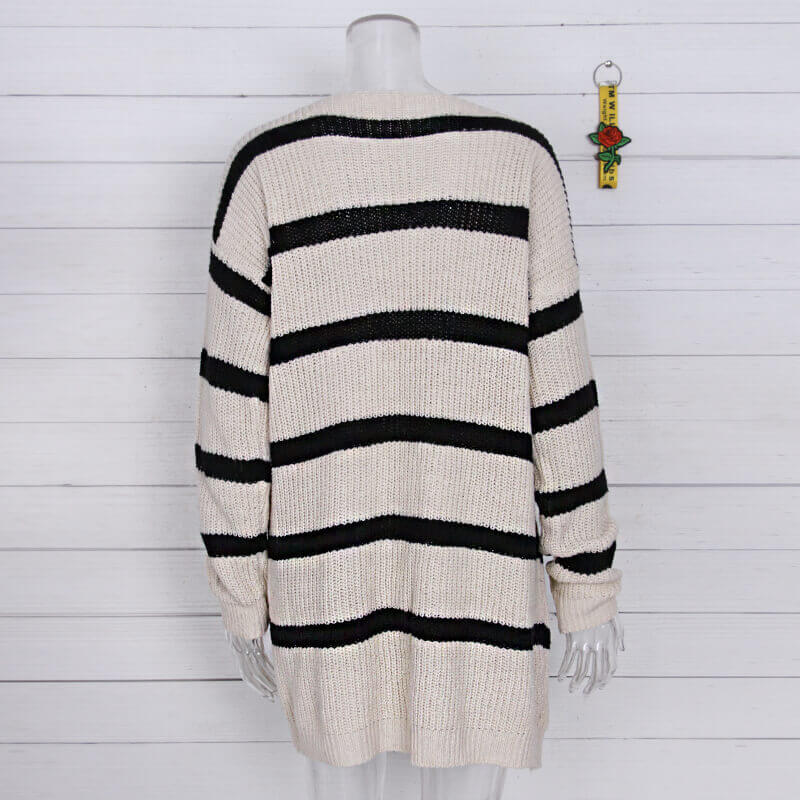 Knitted V Neck Striped Long Cardigan