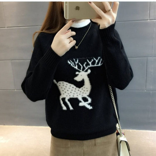 Reindeer Pure Color Mock Neck Sweater