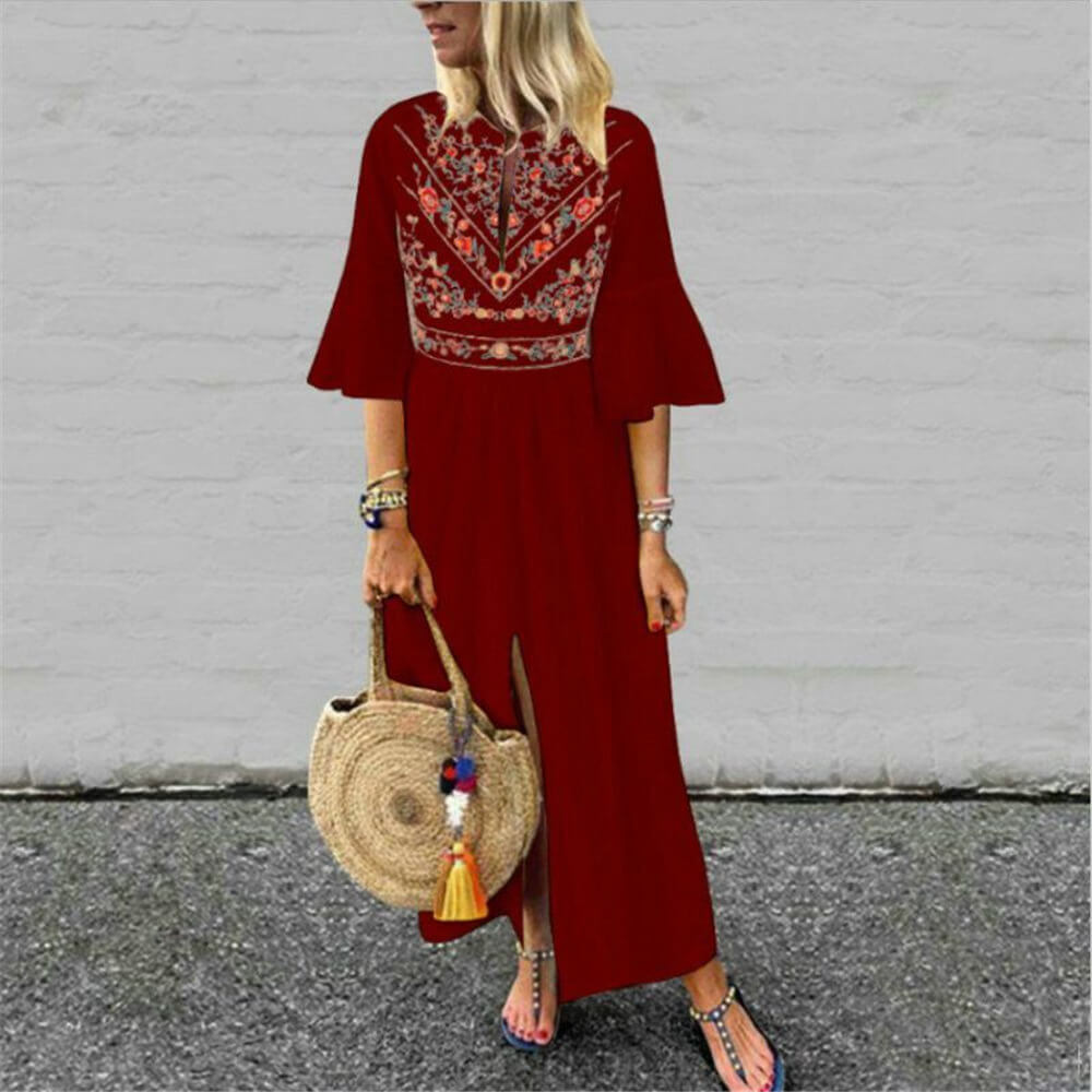 Retro Embroidered Loose Ankle Length Beach Dress