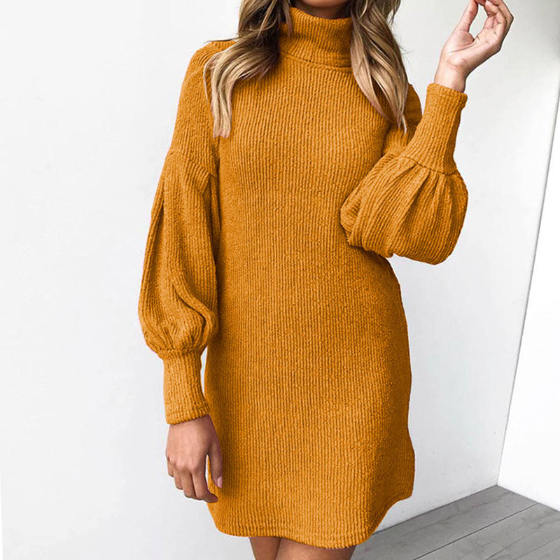 Turtleneck Bishop Sleeve Corduroy Short Dress