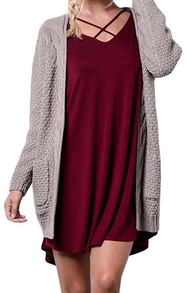 Cable Pockets Solid Color Long Cardigan