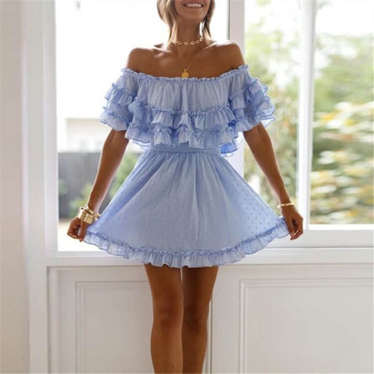 Off Shoulder Ruffle Hem A Line Short Dress