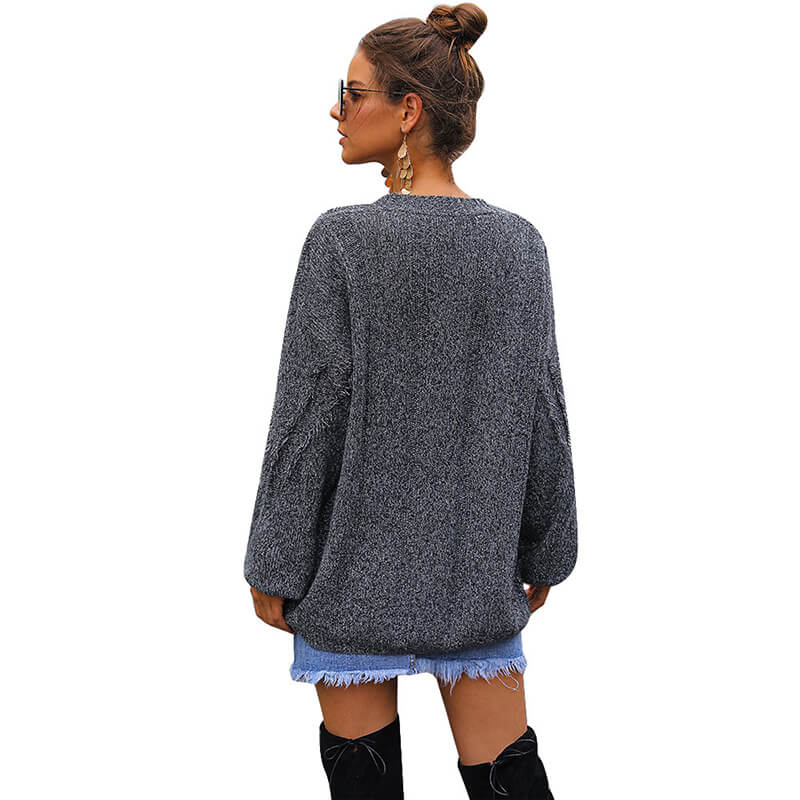 V-Neck Fringed Pullover Knit Sweater