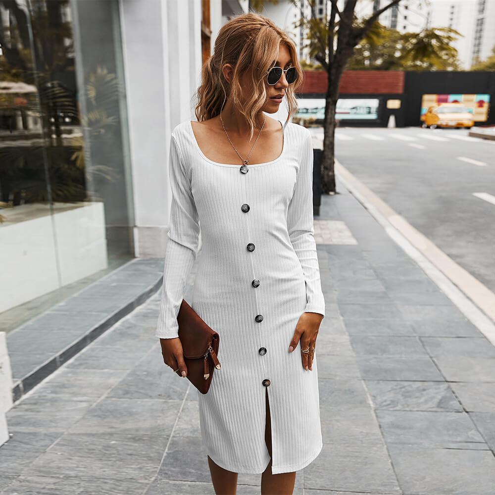 Square Neck Ribbed OL Midi Dress