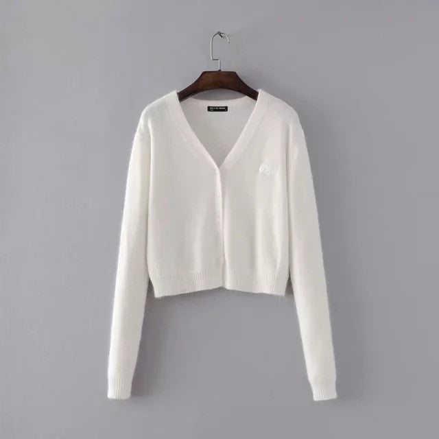 Pure Color V-neck Long Sleeves Short Cardigan