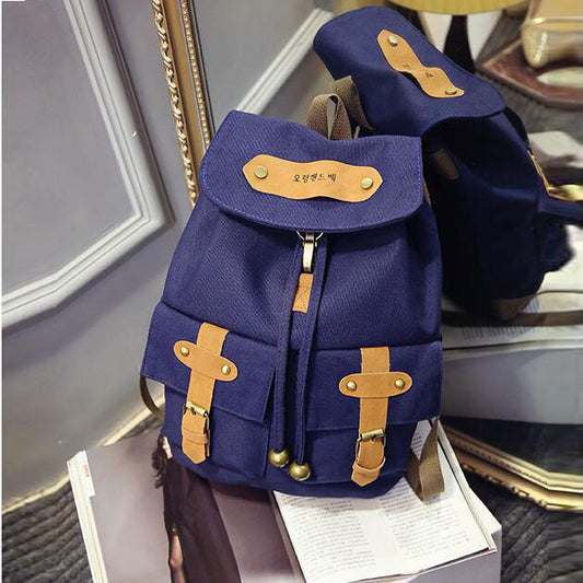 Belt Fastener Solid Color Canvas Backpack School Bag