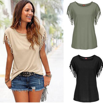 Scoop Sleeveless Tassel Casual Pure Color Blouse