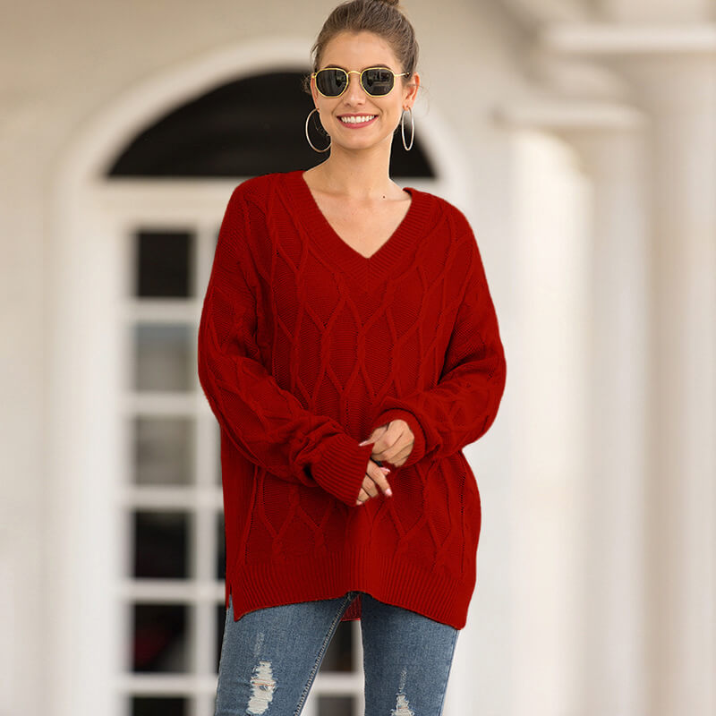 V-Neck Cable Knit Long Sleeve Women Sweater