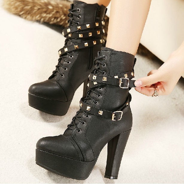 Round Toe Platform Rivets Lace Up High Heels Short Boots