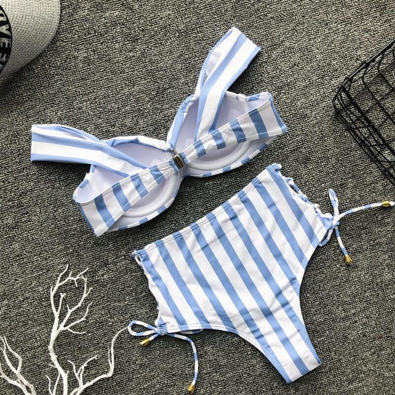 Stripes Bandeau Off Shoulder High Rise Triangle Bikinis