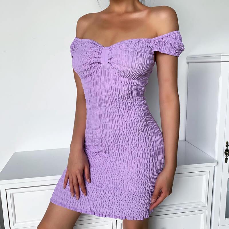 Purple Smocking Bodycon Short Dress