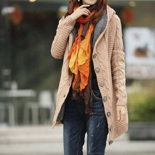 Cable Knitted Hooded Sweater Cardigan Coat