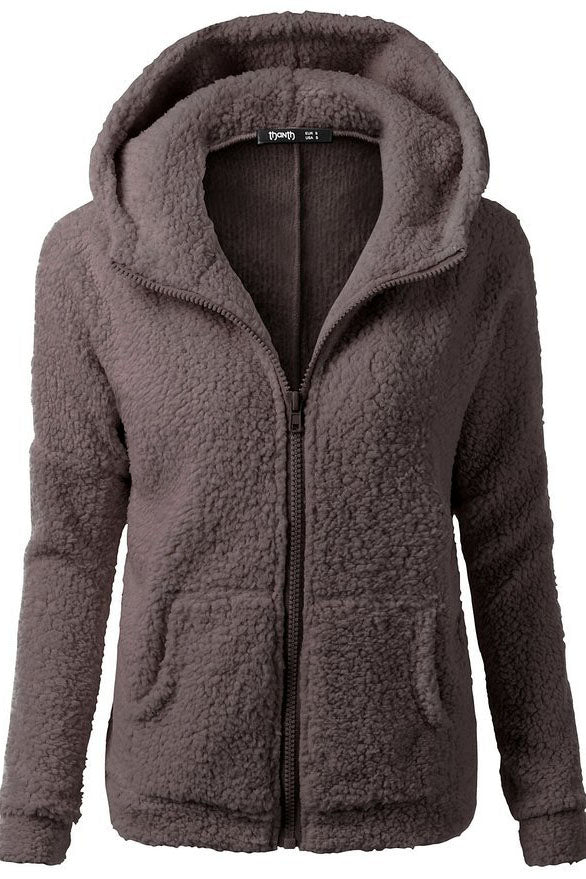 Zipper Pockets Solid Color Hooded Hoodie Coat