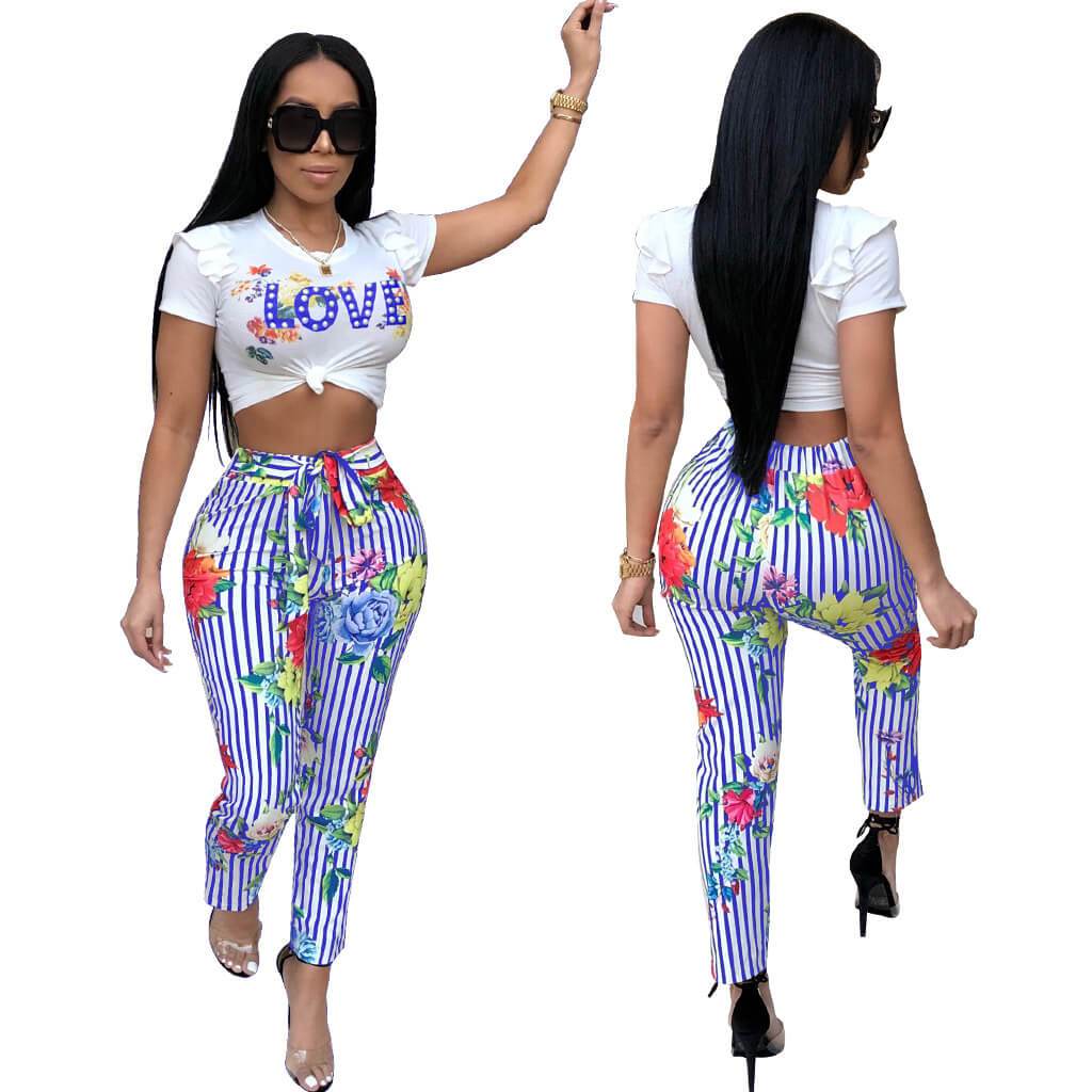 Letter Crop Top Striped Print Skinny Pants Set