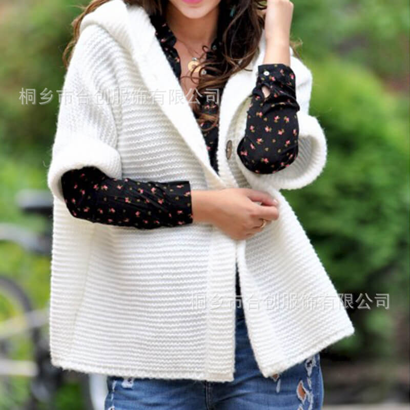 Button Up Half Sleeve Hooded Cardigan Sweater