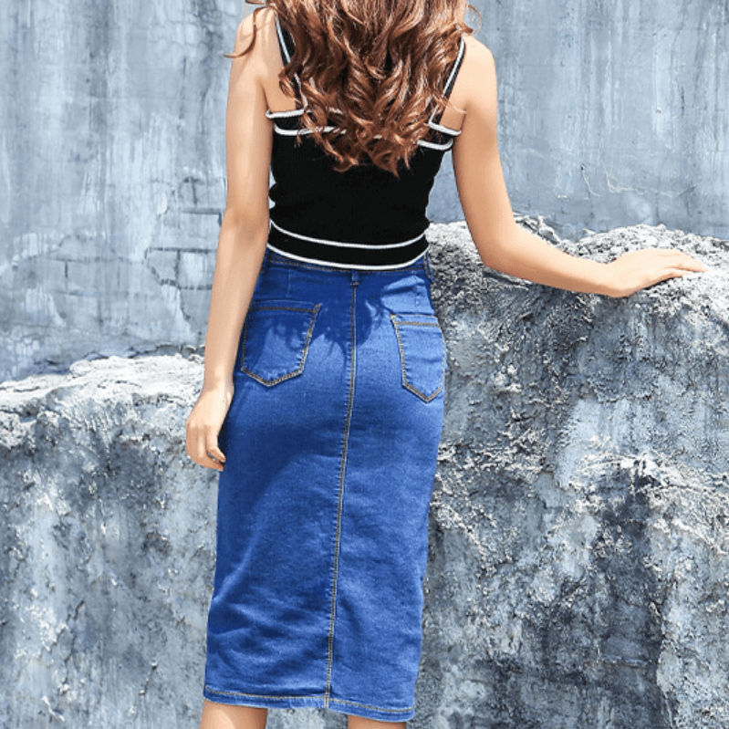 Denim Stretch Split High Waist Knee Length Dress