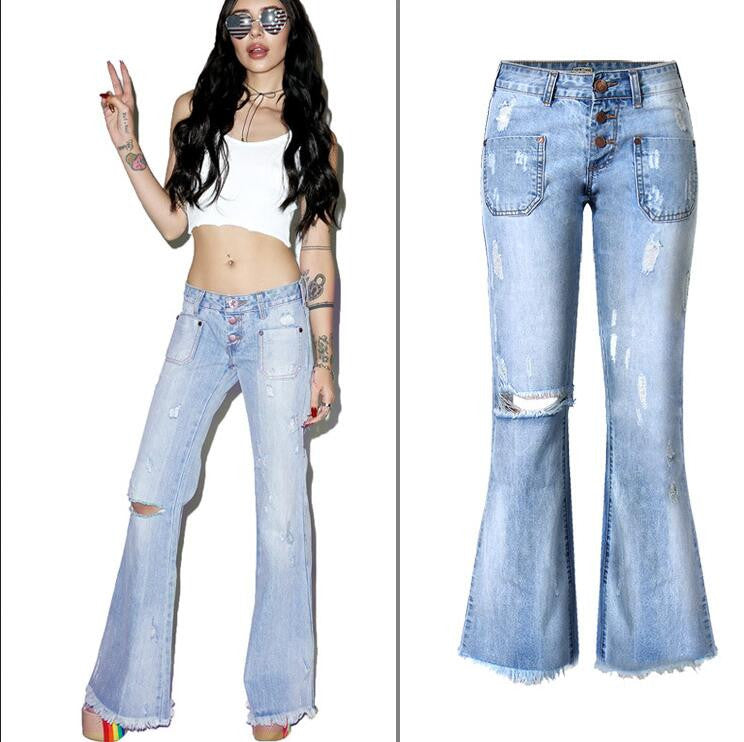 Fashion Low Waist Hole Long Wide Leg Denim Pants