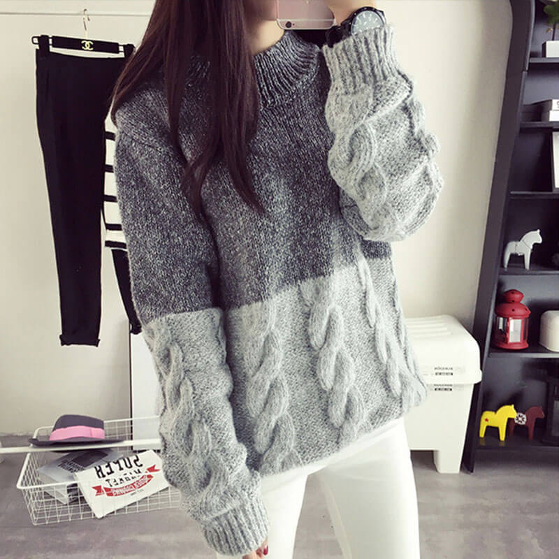 Cable Knit Colorblock Chunky Sweater 