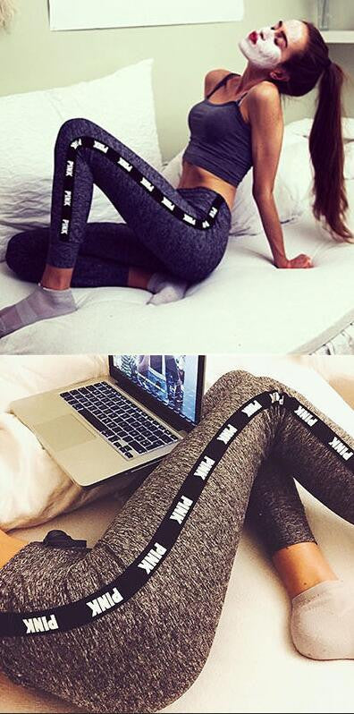 Gray Letter Print Elastic Waist Slim Leggings