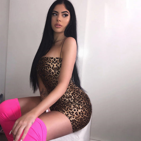 Spaghetti Strap Leopard Tiger Skin Print Backless Bodycon Dress