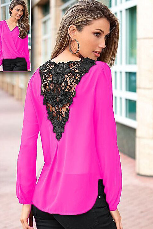 Deep V-neck Chiffon Lace Patchwork Long Sleeve Loose Blouse