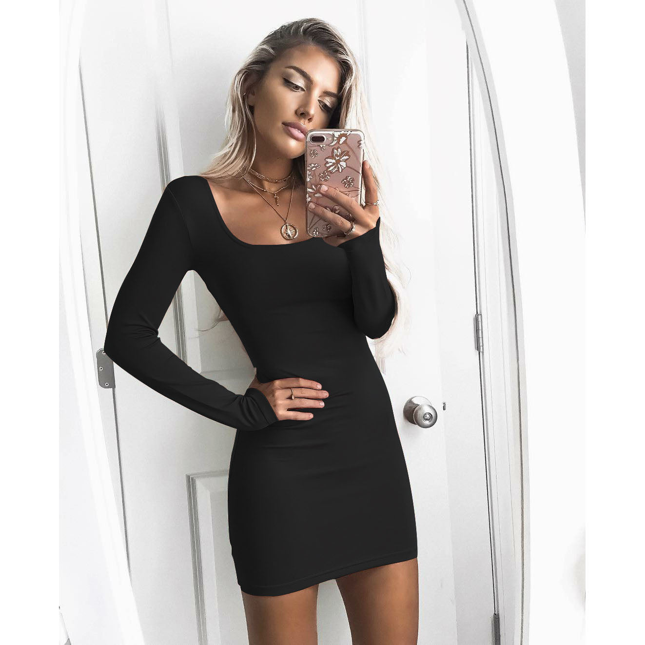 Pure Color Big Scoop Long Sleeves Big Scoop Short Dress