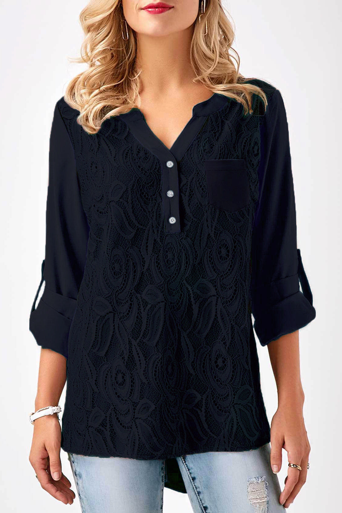 V-neck Buttons Long Sleeves Pocket Loose Lace Blouse