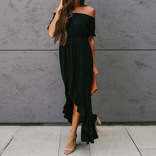 Off Shoulder Tie Waist Low High Long Dress