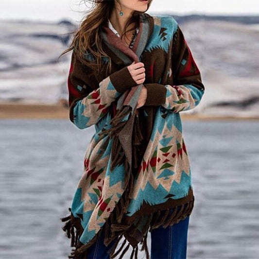 Geometric Pattern Fringe Shawl Cardigan