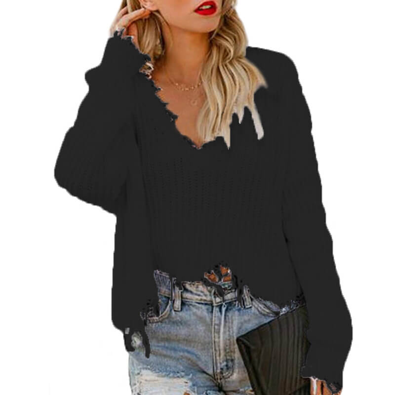 V-Neck Distressed Tassel Cropped Sweater