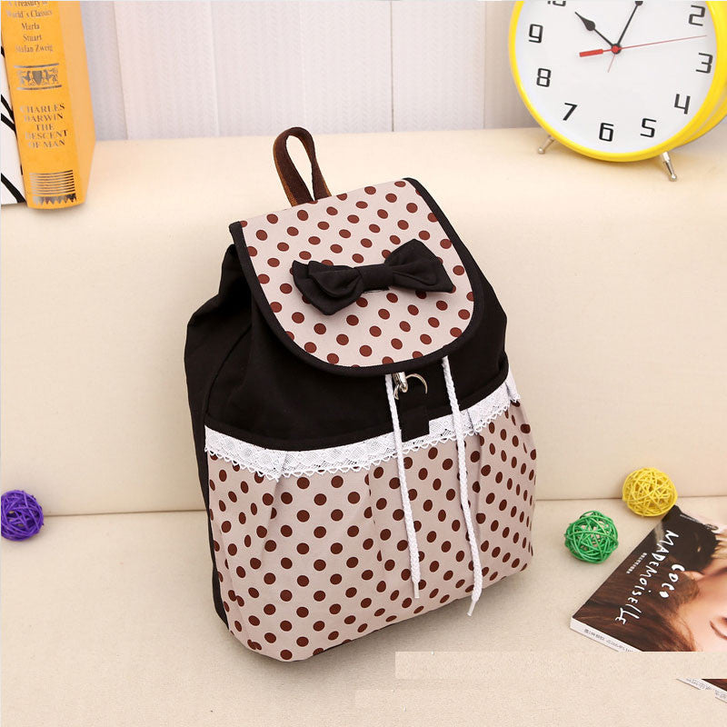 Lovely Bowknot Polka Dot Canvas Bucket Drawstring School Backpack