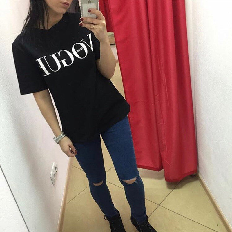 Letter Scoop Solid Color Short Sleeves T-shirt