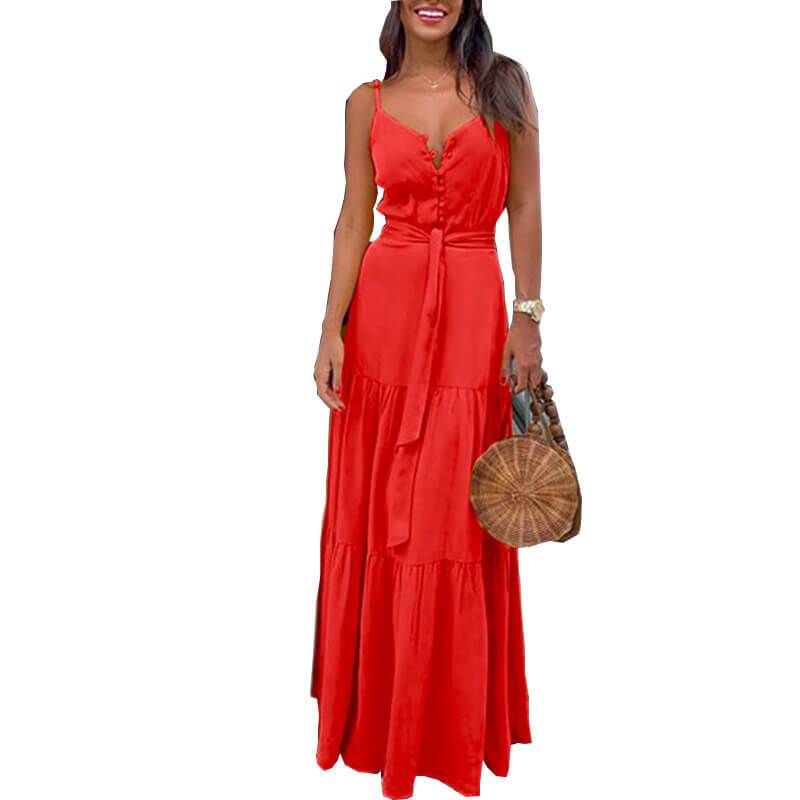 Pure Color Tie Waist Sling Long Beach Dress