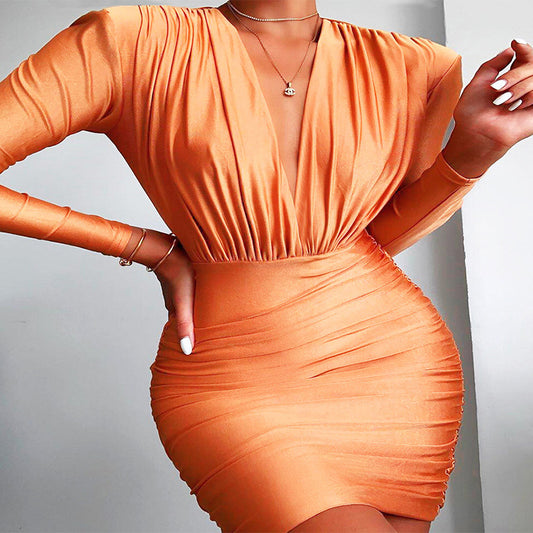 Orange V Neck Ruched Bodycon Long Sleeve Dress