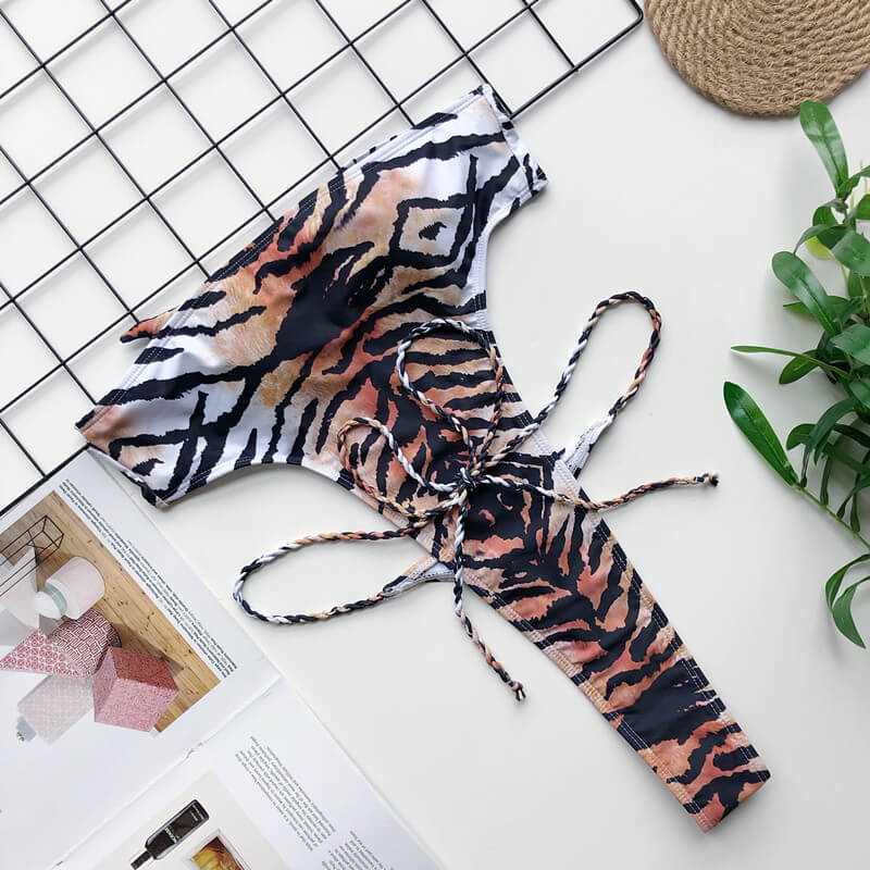 Animal Print Bandeau Bandages Backless High Cut Swimsuits