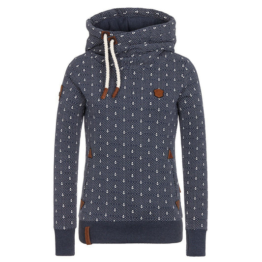 Polka Dot Print Pockets Drawstring High Neck Slim Hoodie