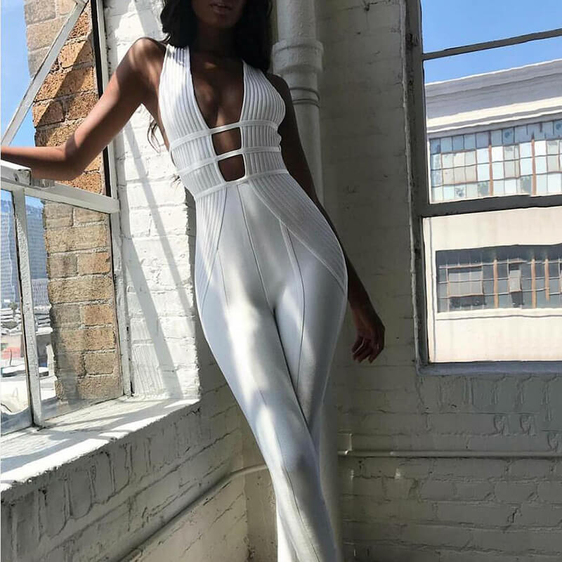 White Sexy Sleeveless Deep V Neck Skinny Jumpsuits