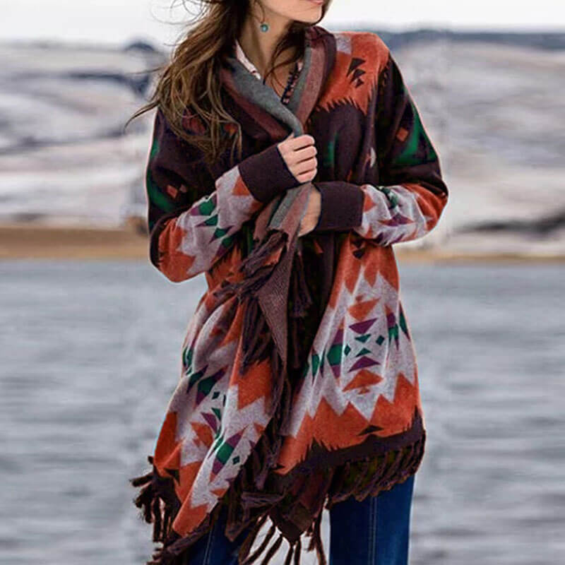 Geometric Pattern Fringe Shawl Cardigan