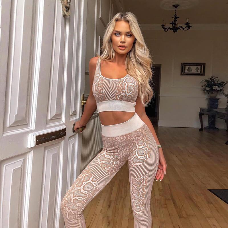 Yoga Snakeskin Tank Top Bodycon High Waist Skinny Two Pieces Set